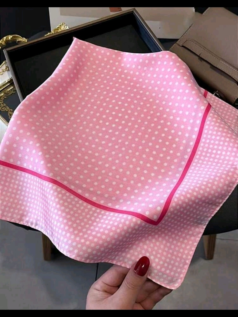 Anthropologie Pink Polka Dot Silk Scarf with Fuchsia Border